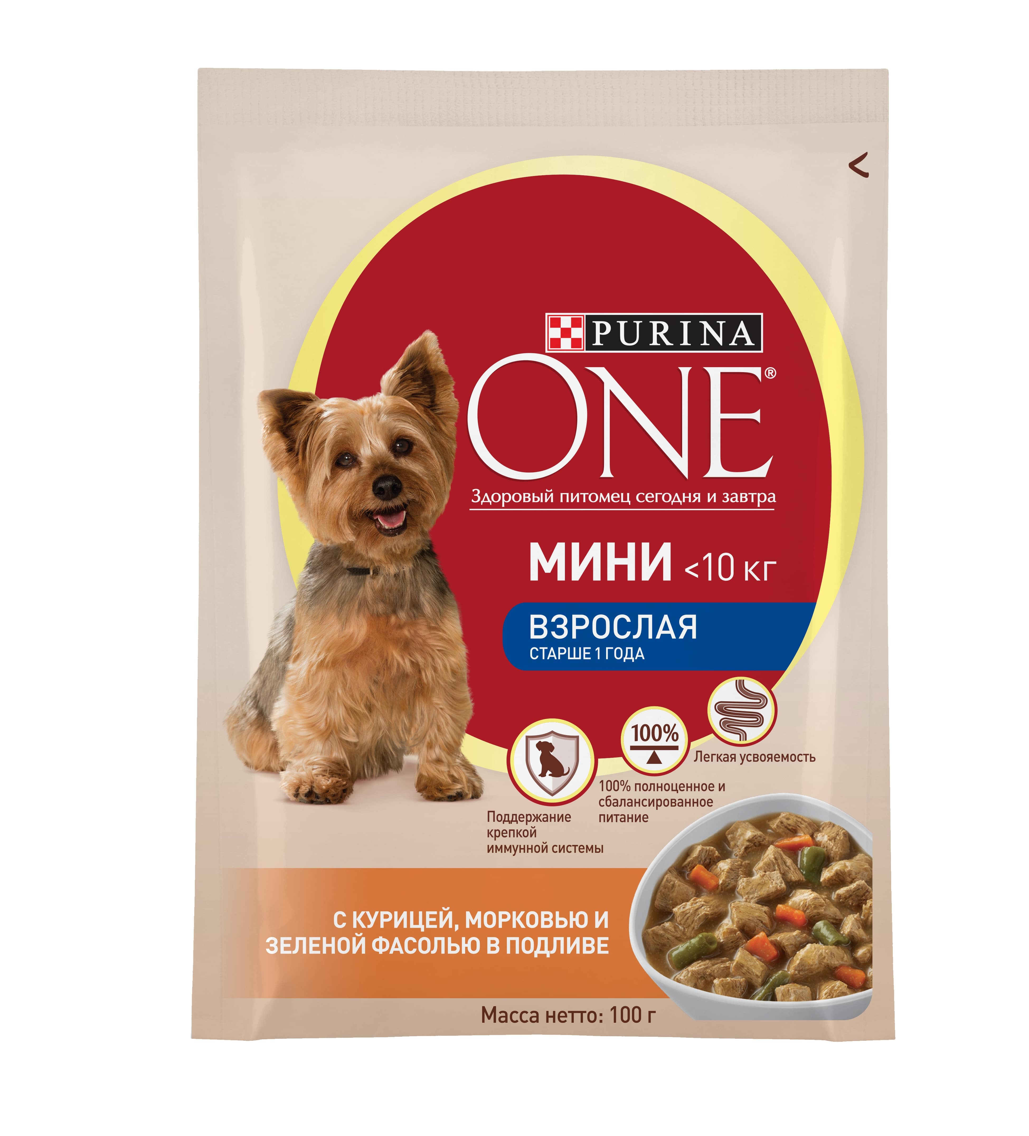 

Влажный корм для собак Purina One Мини Взрослая, курица, морковь, фасоль в подливе, 100г, Мини Взрослая