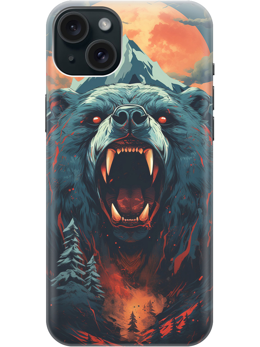 

Чехол на Apple iPhone 15 Plus силиконовый с принтом "Гризли при красной луне", Красный;синий;черный, 20000005