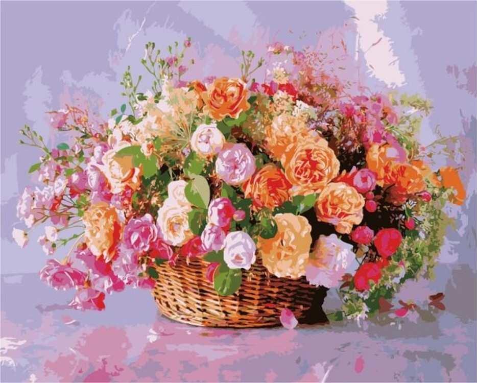 фото Картина по номерам цветной корзина роз, 40x50 см