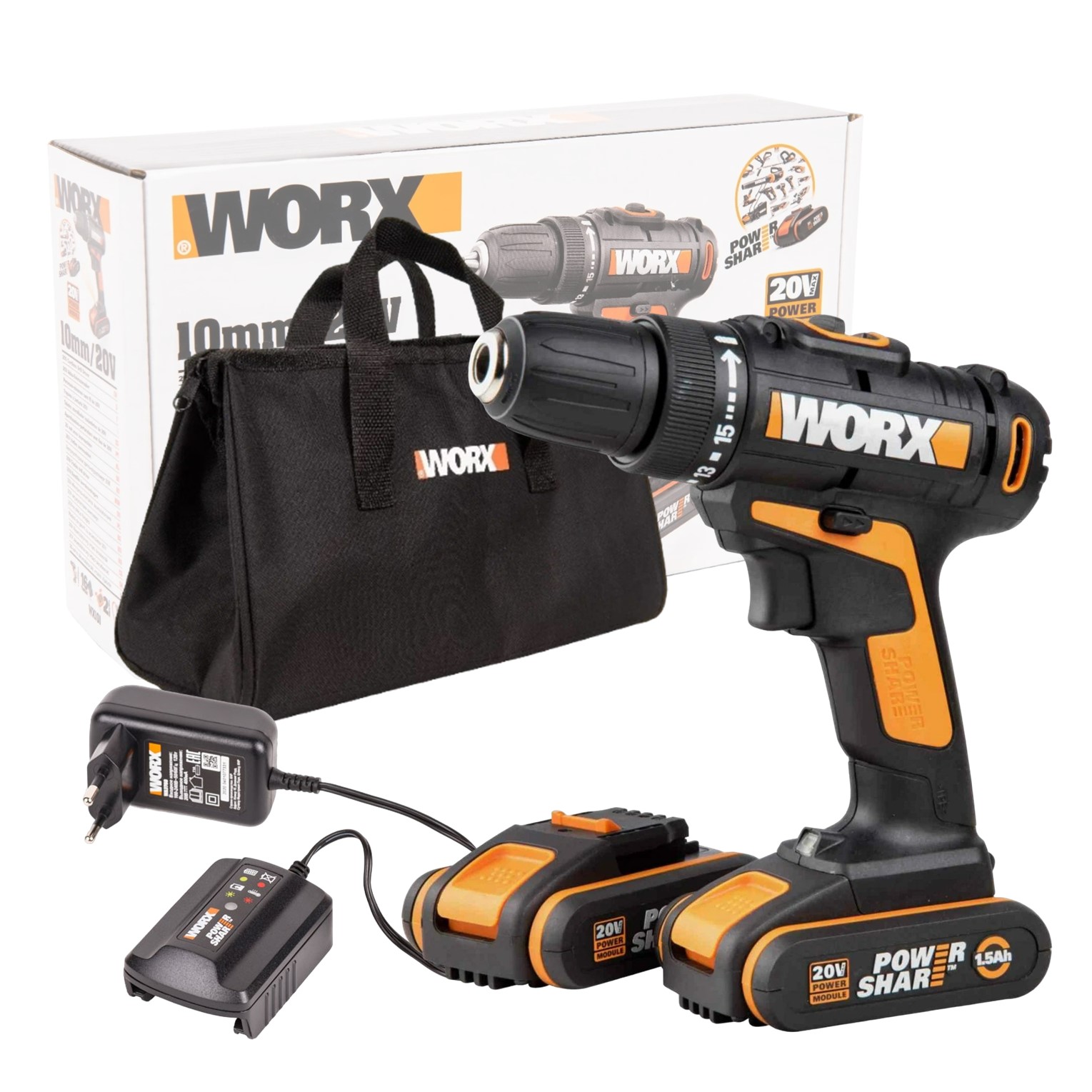 Дрель-шуруповерт аккумуляторная WORX WX101 20В 2х1.5Ач коробка