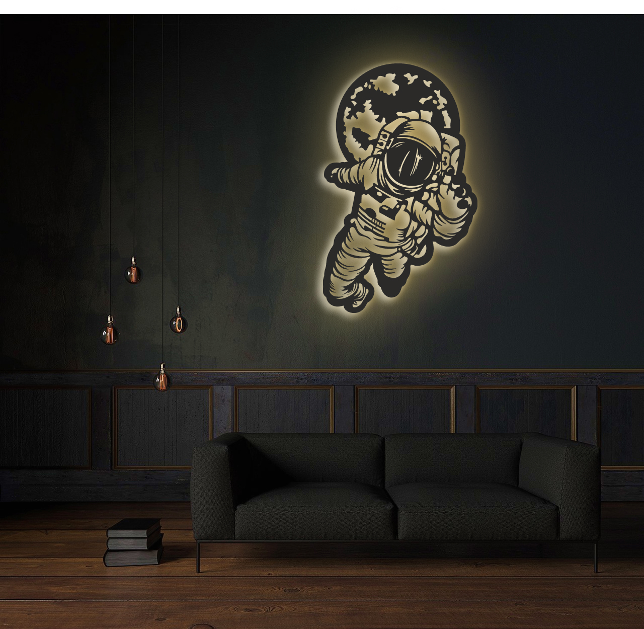 фото Декоративное панно на стену с желтой подсветкой moretti космонавт_35х56,5