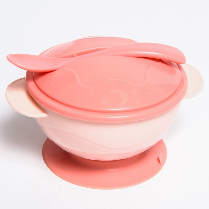 фото Набор для кормления: миска на присоске с крышкой, ложка, 400 мл., цвет розовый крошка я