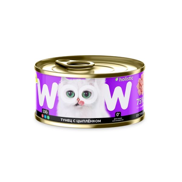 Консервы для кошек WOOW.holistic, цыпленок с тунцом, 100г