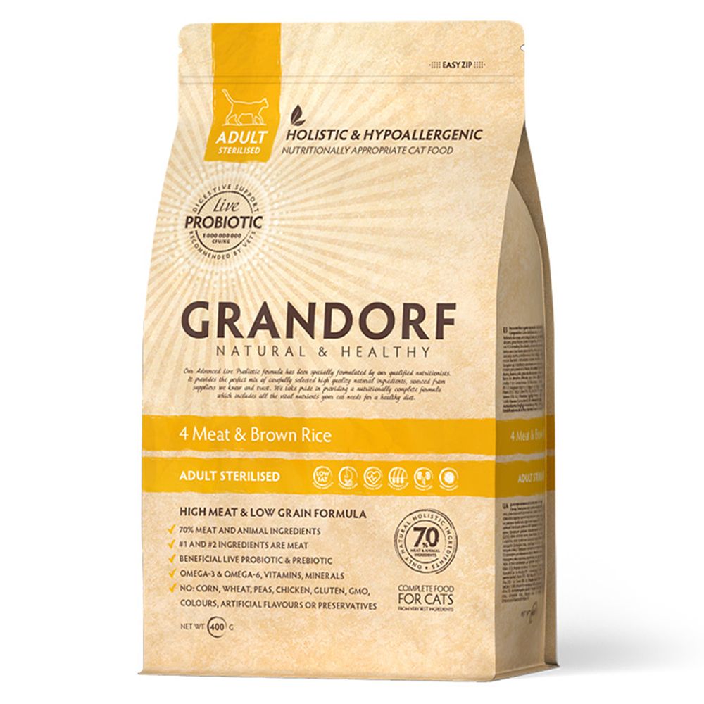 

Сухой корм для кошек Grandorf, четыре вида мяса с бурым рисом, 400 г