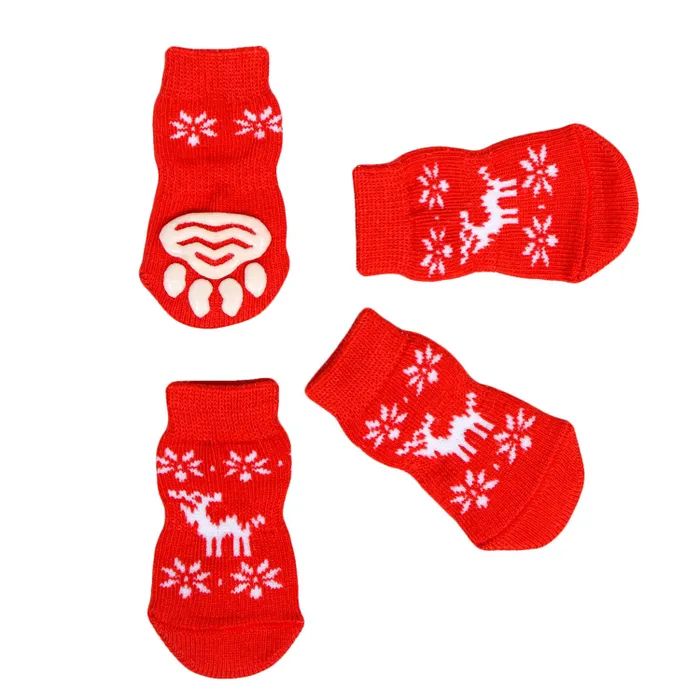 Носки для собак и кошек Пижон Олень нескользящие красные M 3 х 4 х 7 см