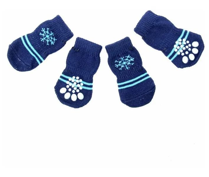 Носки для собак и кошек Пижон Снежинки нескользящие, темно-синие S 2,5 х 3,5 х 6 см