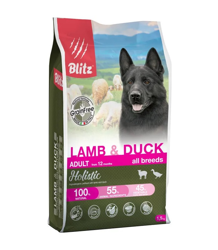 Сухой корм для собак BLITZ ADULT LAMB & DUCK, утка, ягненок, 1.5кг