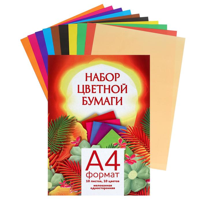 Бумага цветная А4, 10 листов, 10 цветов, мелованная, в папке