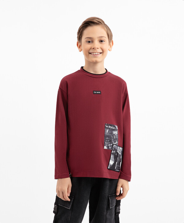 

Лонгслив трикотажный с нашивками бордовый для мальчика Gulliver, 164, 22410BJC1209, 22410BJC1209