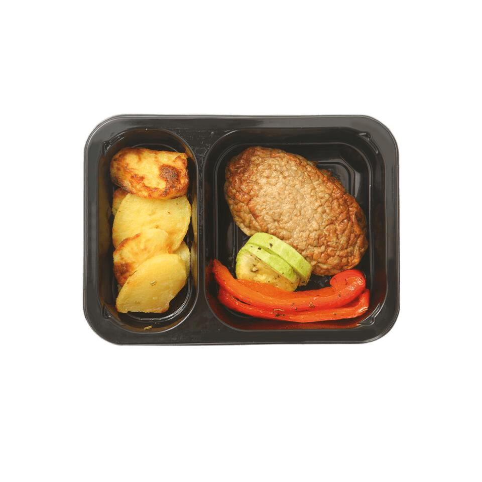 

Котлета МясновЪ ШЕФ-ПОВАР говяжья с запеченным картофелем и овощами-гриль +-250 г