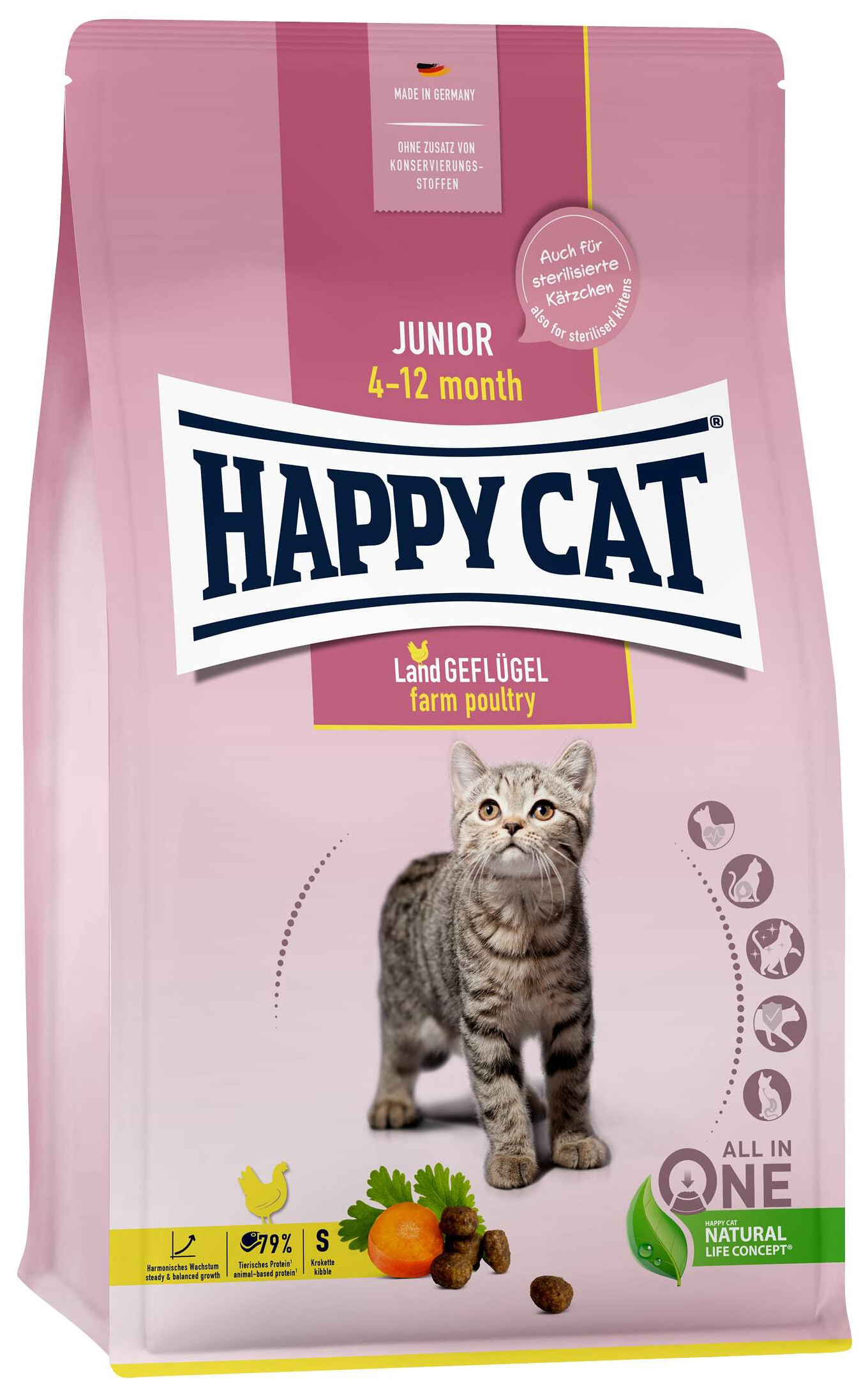 Сухой корм для котят с 4-х месяцев Happy Cat Junior домашняя птица, 2 шт по 0,3 кг