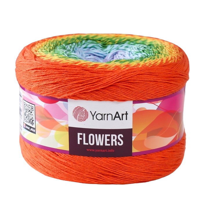 

Пряжа Flowers 55% хлопок, 45% полиакрил 1000м/250гр (255 апельс-зелен-сирень), Разноцветный