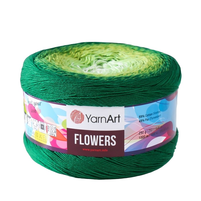 

Пряжа Flowers 55% хлопок, 45% полиакрил 1000м/250гр (283 изумруд-салат-белый)