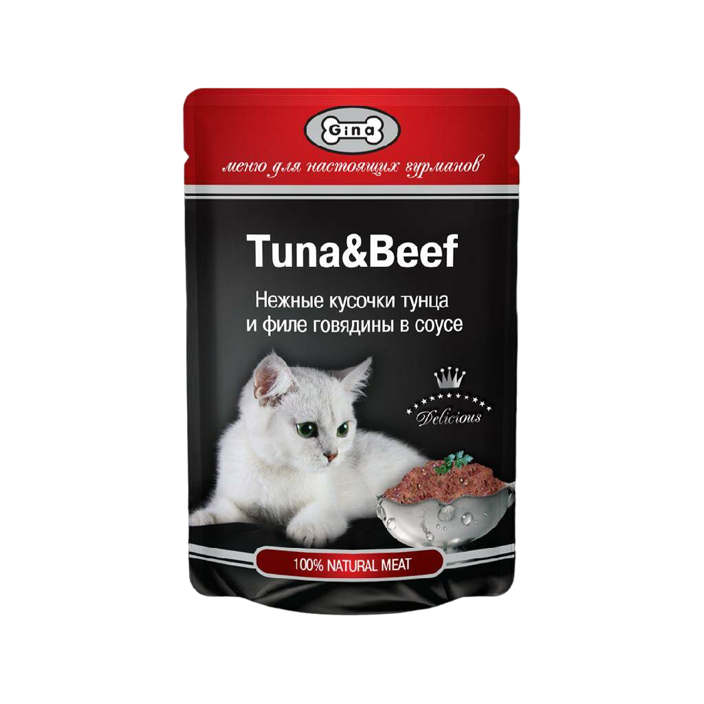 Влажный корм для кошек GINA с тунцом и говядиной в соусе, 85г