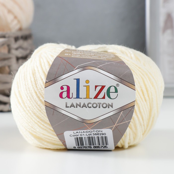 

Пряжа Alize Lanacoton 26% Шерсть, 26% Xлопок, 48% Aкрил 160м/50гр 01 кремовый, Бежевый