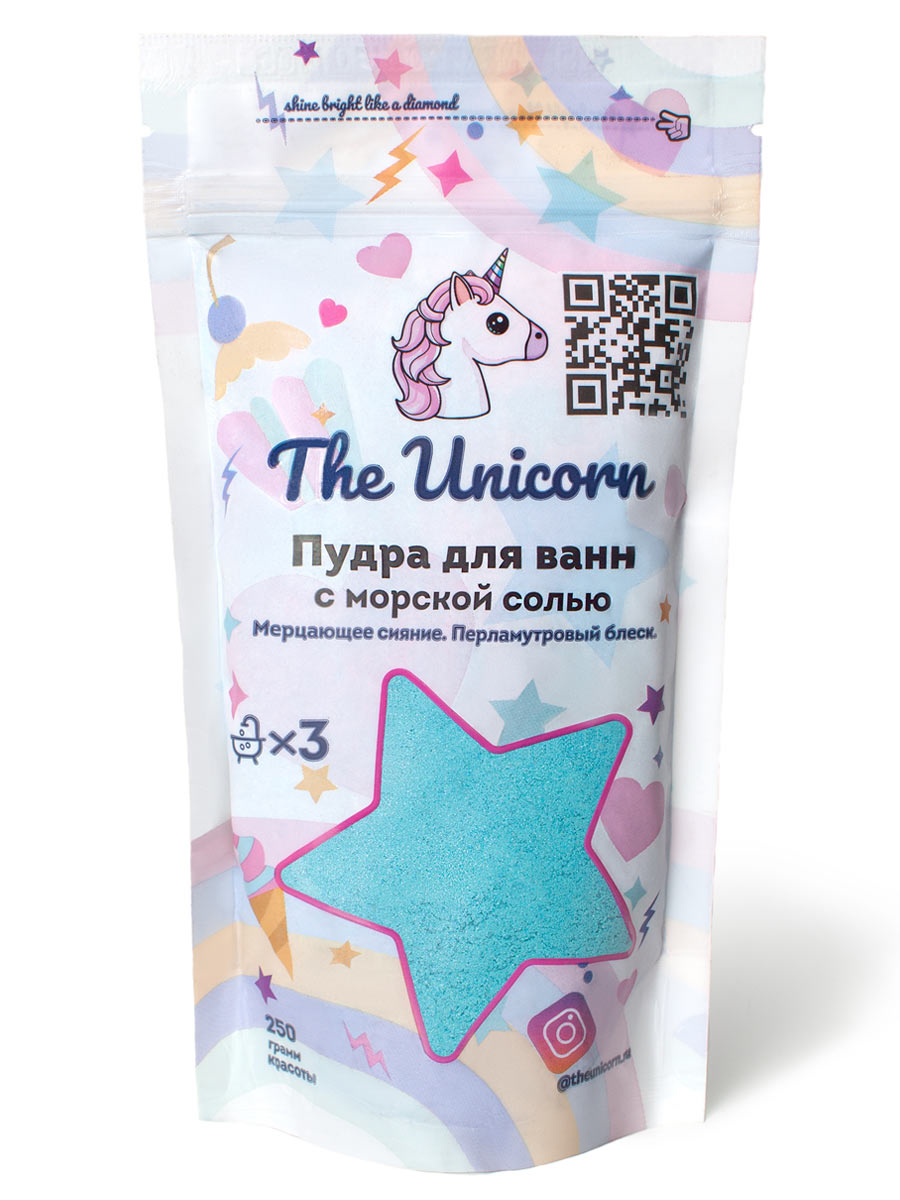 фото Голографическая 3д пудра для ванн unicorn шиммер, 3d бомбочка, хайлайтер 250гр (голубой) the unicorn