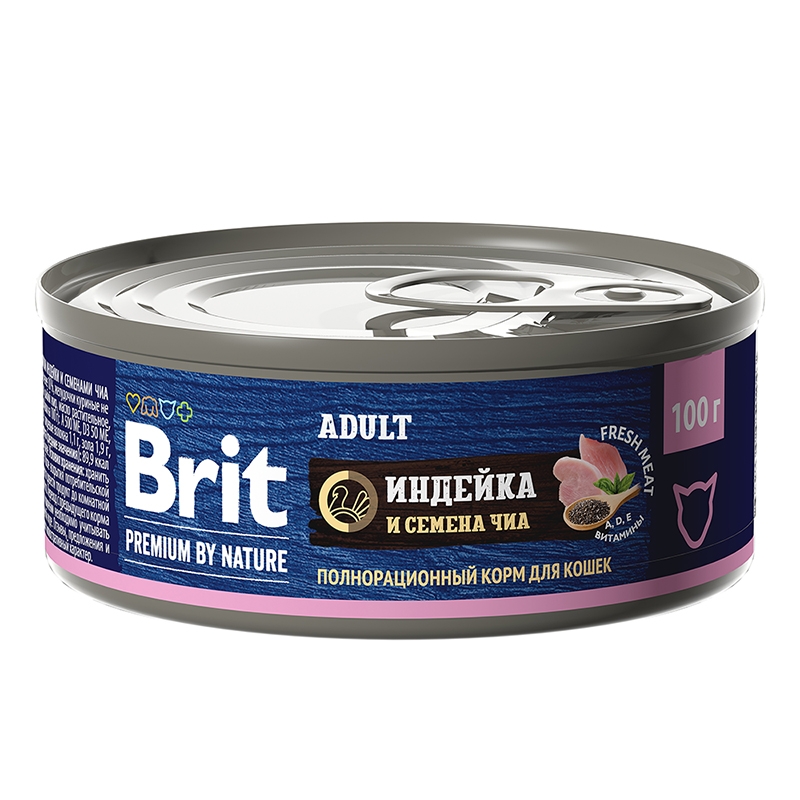 Консервы для кошек BRIT PREMIUM с индейкой и семенами чиа, 100г