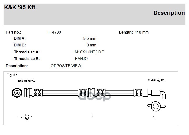 

K K FT4780 Шланг тормозной передн MAZDA: 323 C 1.3/1.3 16V 89-94