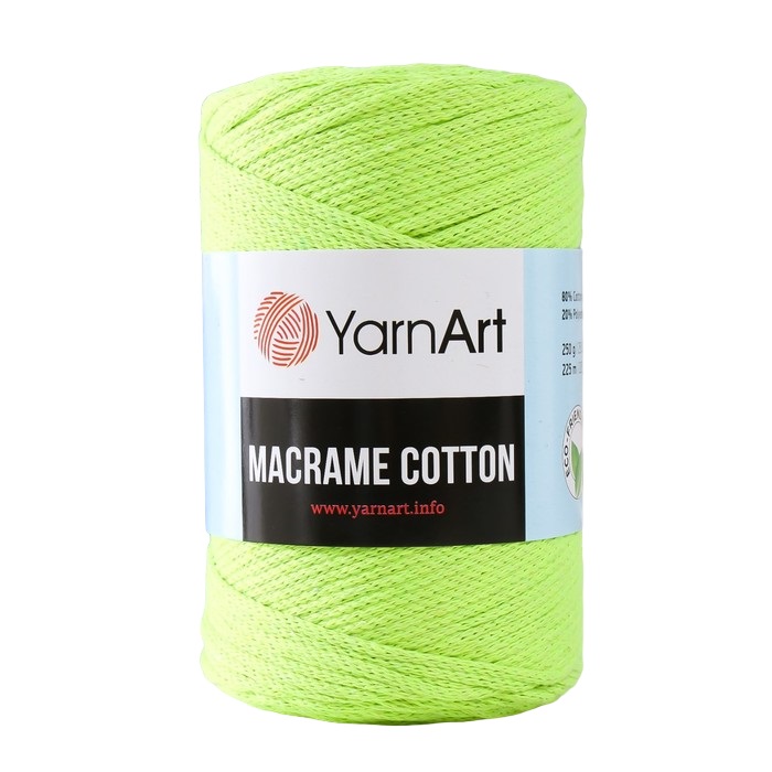 

Пряжа Macrame Cotton 20% полиэстер, 80% хлопок 225м/250гр (801 ярк.салат)