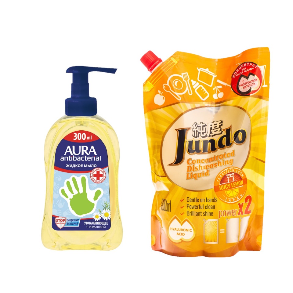 

Гель для мытья посуды Jundo Juicy Lemon 800 мл+Жидкое мыло антибактериальное AURA 300мл