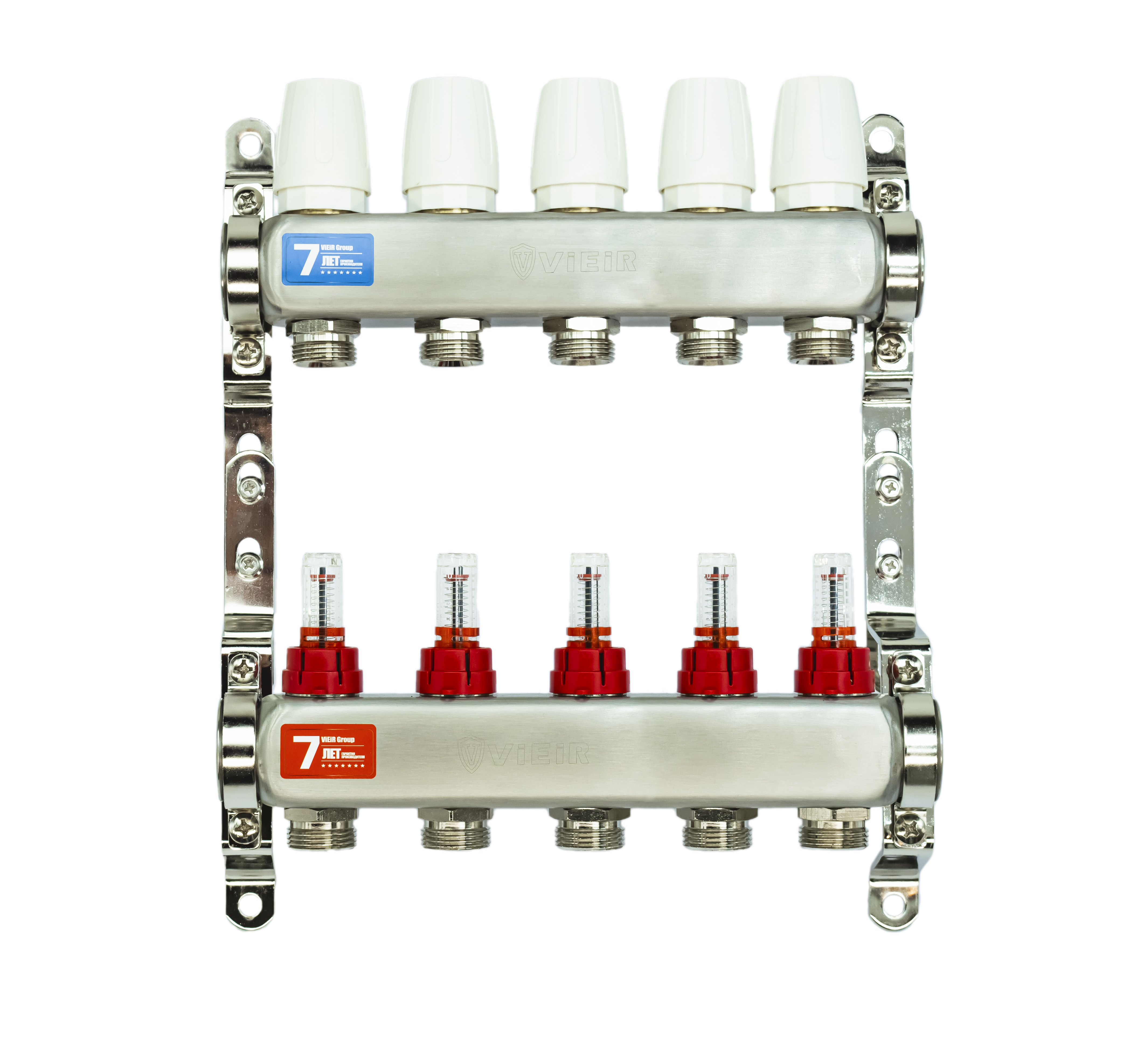 фото Коллектор теплого пола 5 выходов с расходомерами 1"x3/4" vieir