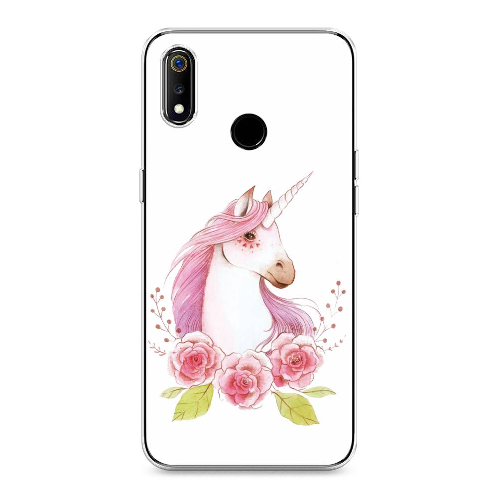 

Чехол на Realme 3 "Единорог цветы", Белый;розовый;серый, 251050-1