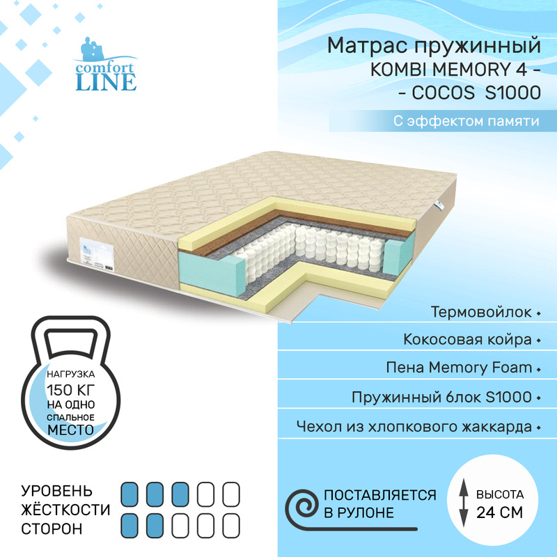 

Матрас пружинный Comfort Line Kombi Memory 4-Cocos S1000 70х190, высота 24 см, Белый, Kombi Memory4-Cocos S1000