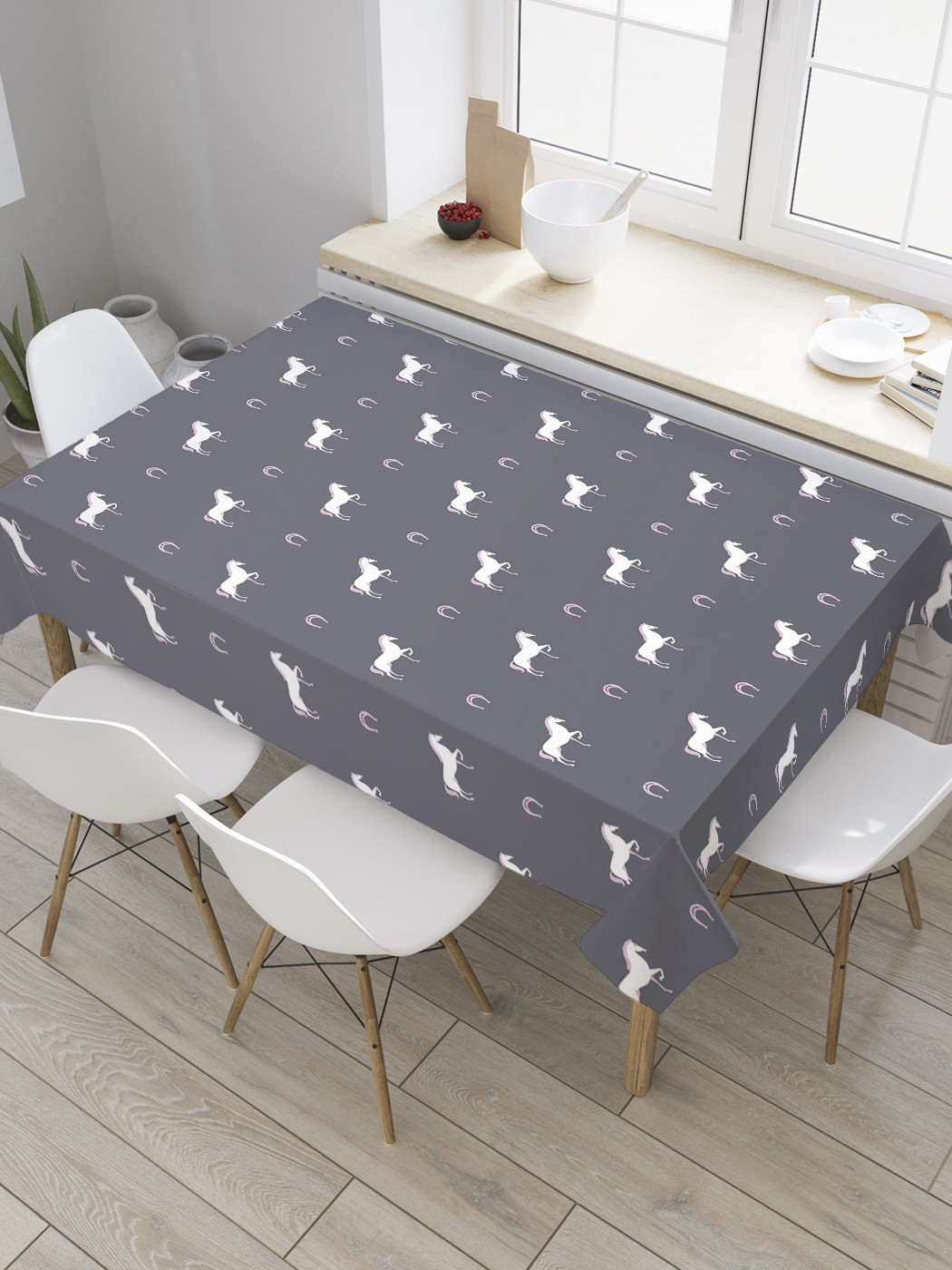 

Скатерть прямоугольная JoyArty "Лошадка и подкова" из сатена, 120x145 см, Серый, Лошадка и подкова