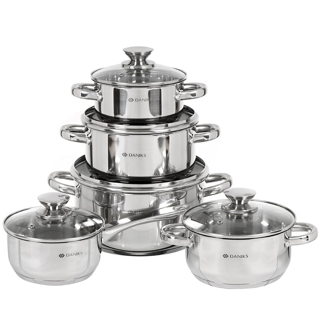 

Набор посуды 10 предметов кастрюли 1.6 2.2 3.1 5.4 л ковш 1.6 л индукция Daniks Оптима, Серебристый