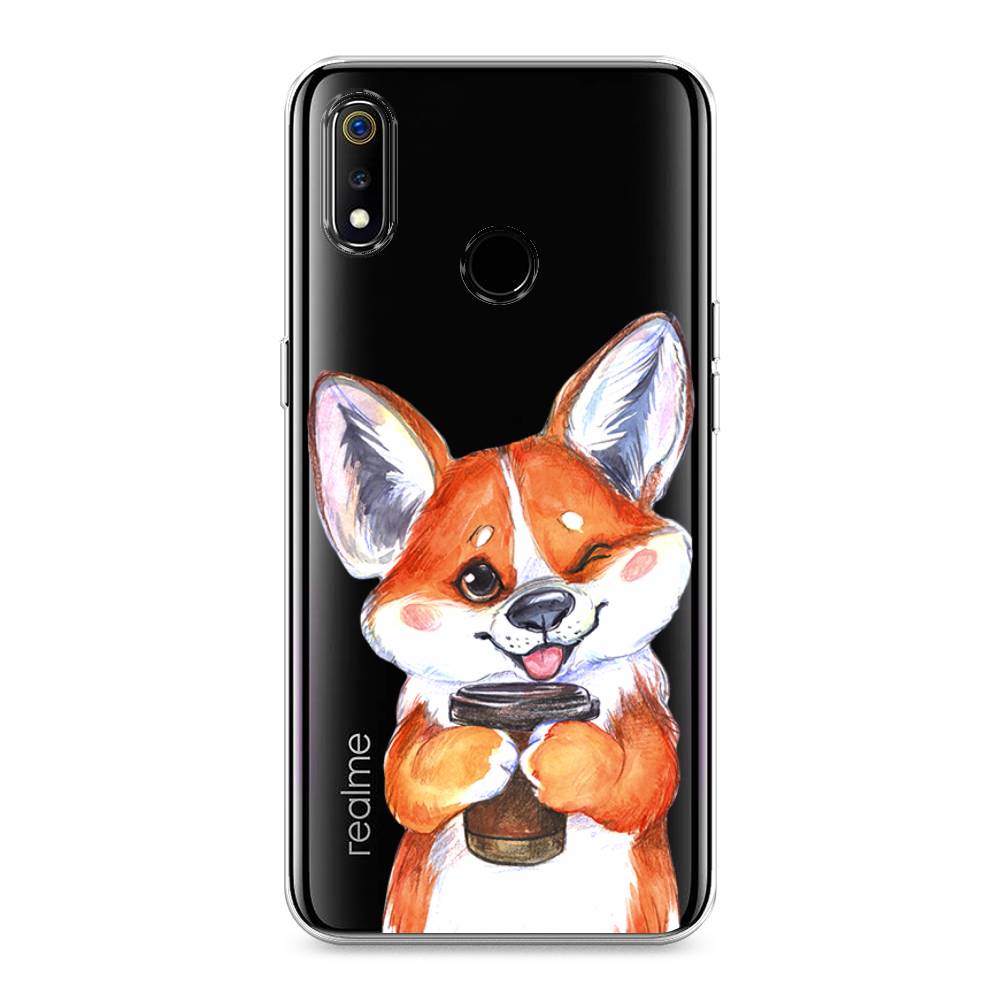 

Чехол на Realme 3 "Корги с кофе", Оранжевый;белый, 251050-4