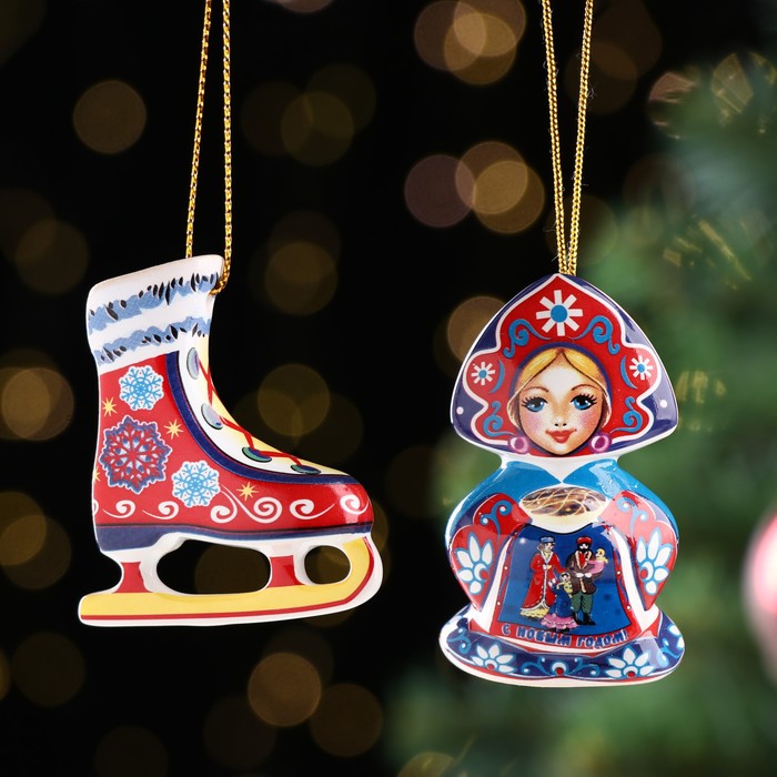 

Набор ёлочных игрушек "Снегурочка и конек", 6 см