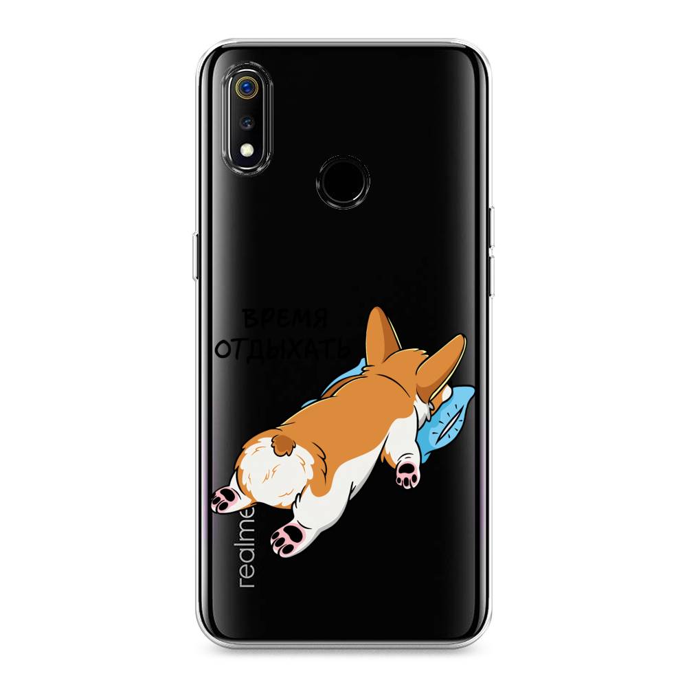 

Чехол на Realme 3 "Корги отдыхает", Черный;коричневый;голубой, 251050-1