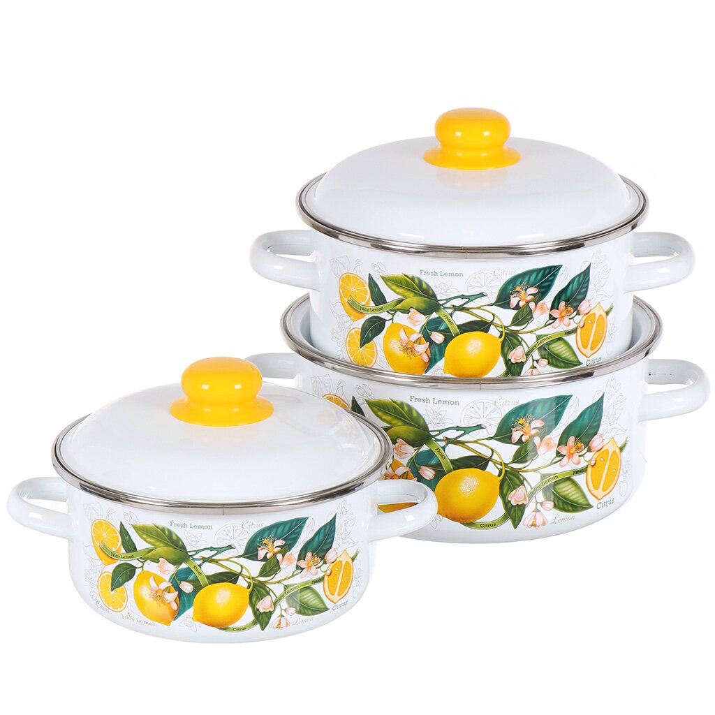 фото Набор посуды 6 предметов кастрюли 2,3,4 л индукция стальэмаль лимоны в цвету 1kb051m