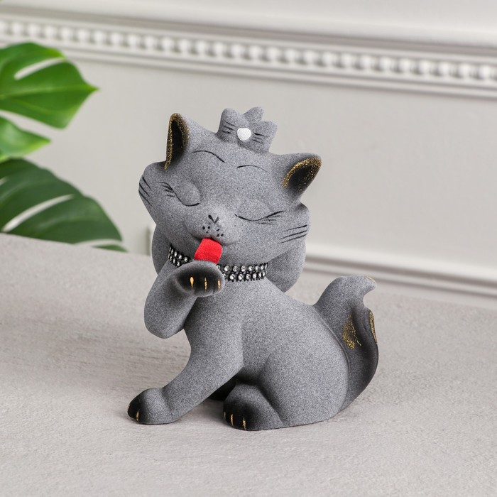 

Копилка "Кошка Лапка", покрытие флок, серая, 20 см