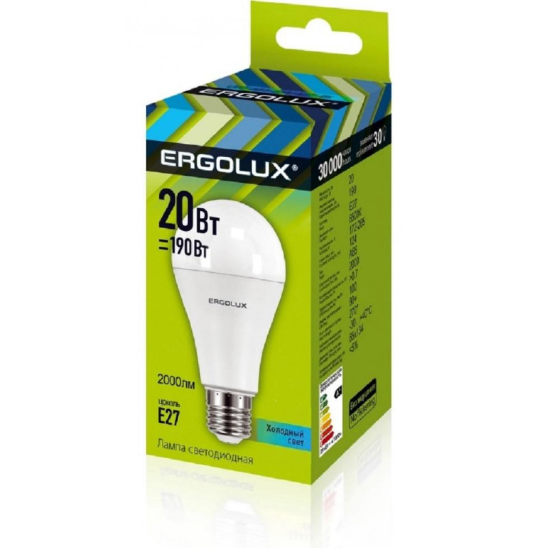 

Лампа светодиодная Ergolux LED-A65-20W-E27-4K,ЛОН 20Вт,E27,4500K 13183, 2шт.