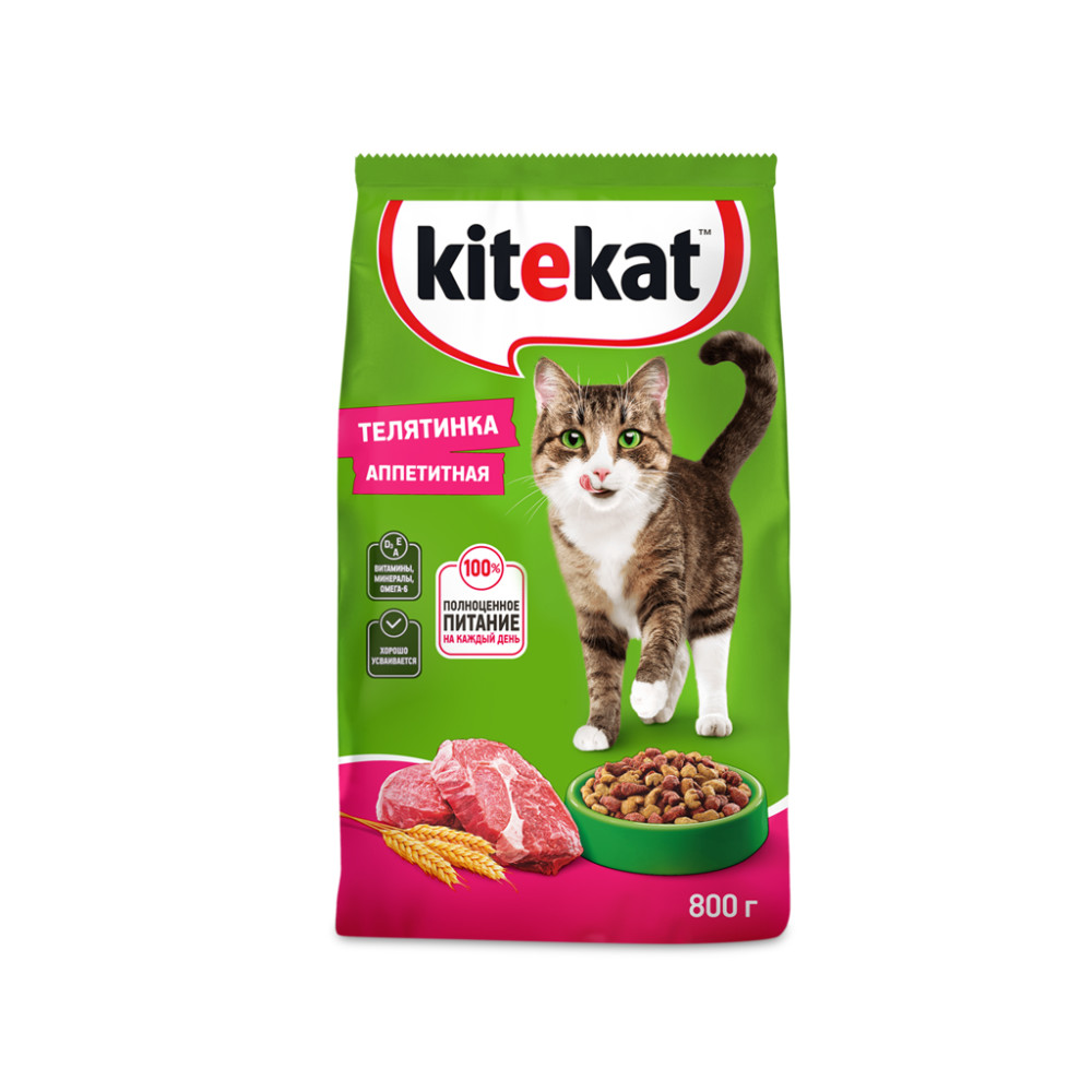 Сухой корм Kitekat для взрослых кошек Телятинка Аппетитная, 800г