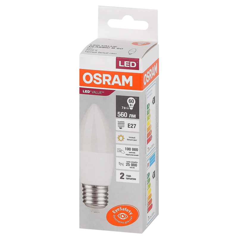 

Лампа светодиодная OSRAM LED Value B, 560лм, 7Вт замена 60Вт, 3000К E27, 2шт.