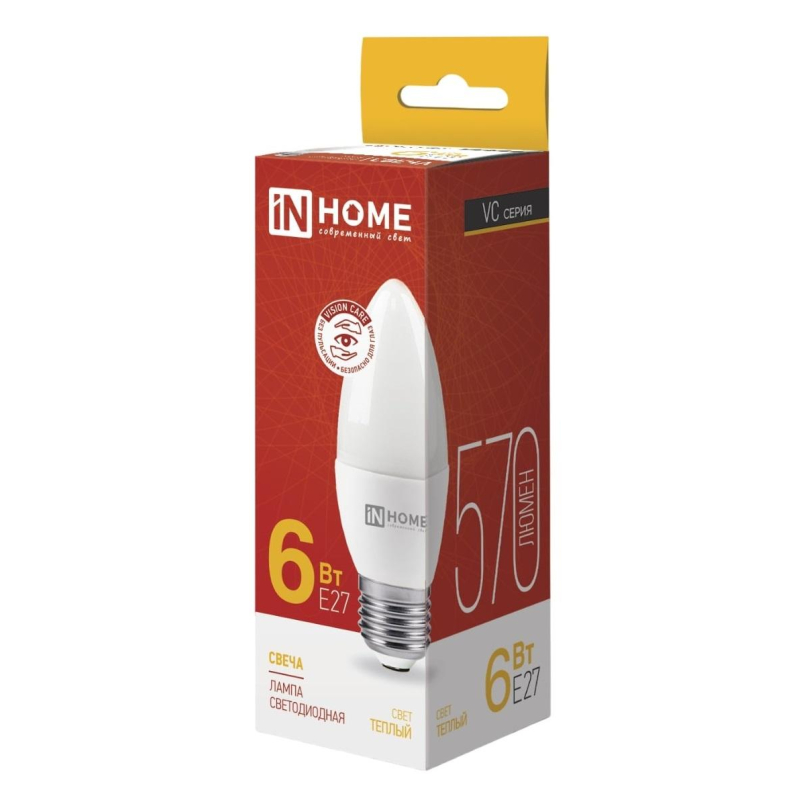 

Лампа светодиодная IN HOME LED-СВЕЧА-VC 6Вт 230В Е27 3000К 570 Лм, 4шт.