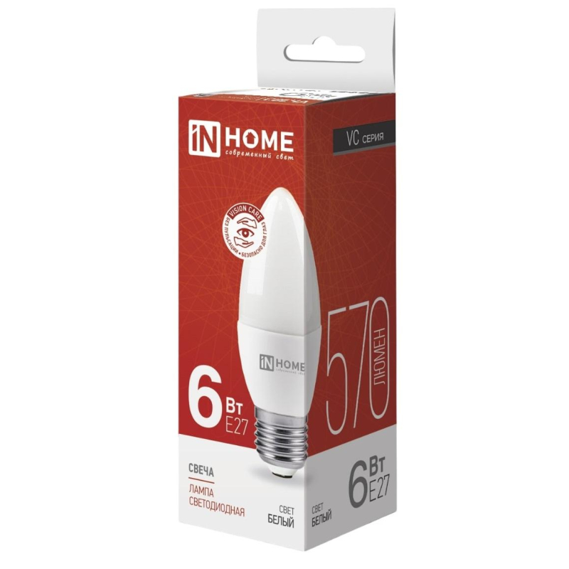 

Лампа светодиодная IN HOME LED-СВЕЧА-VC 6Вт 230В Е27 4000К 570 Лм, 4шт.