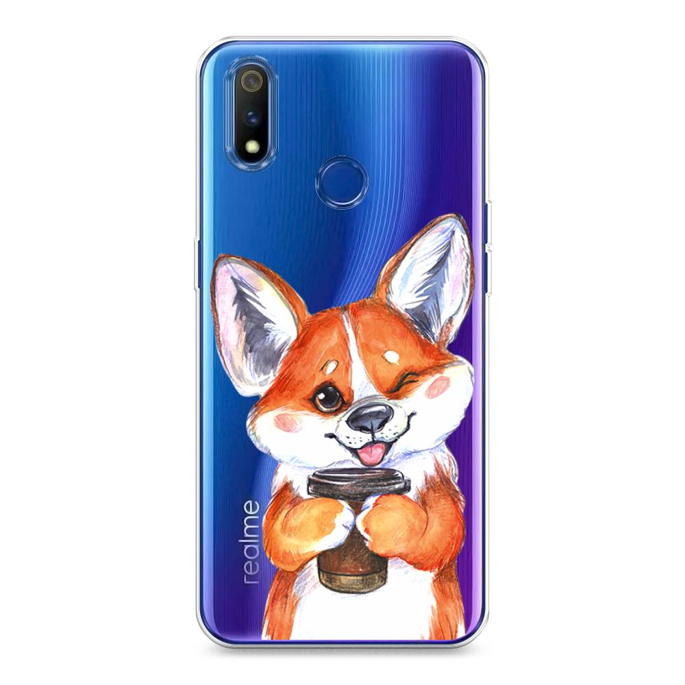 

Чехол на Realme 3 Pro "Корги с кофе", Оранжевый;белый, 251250-4