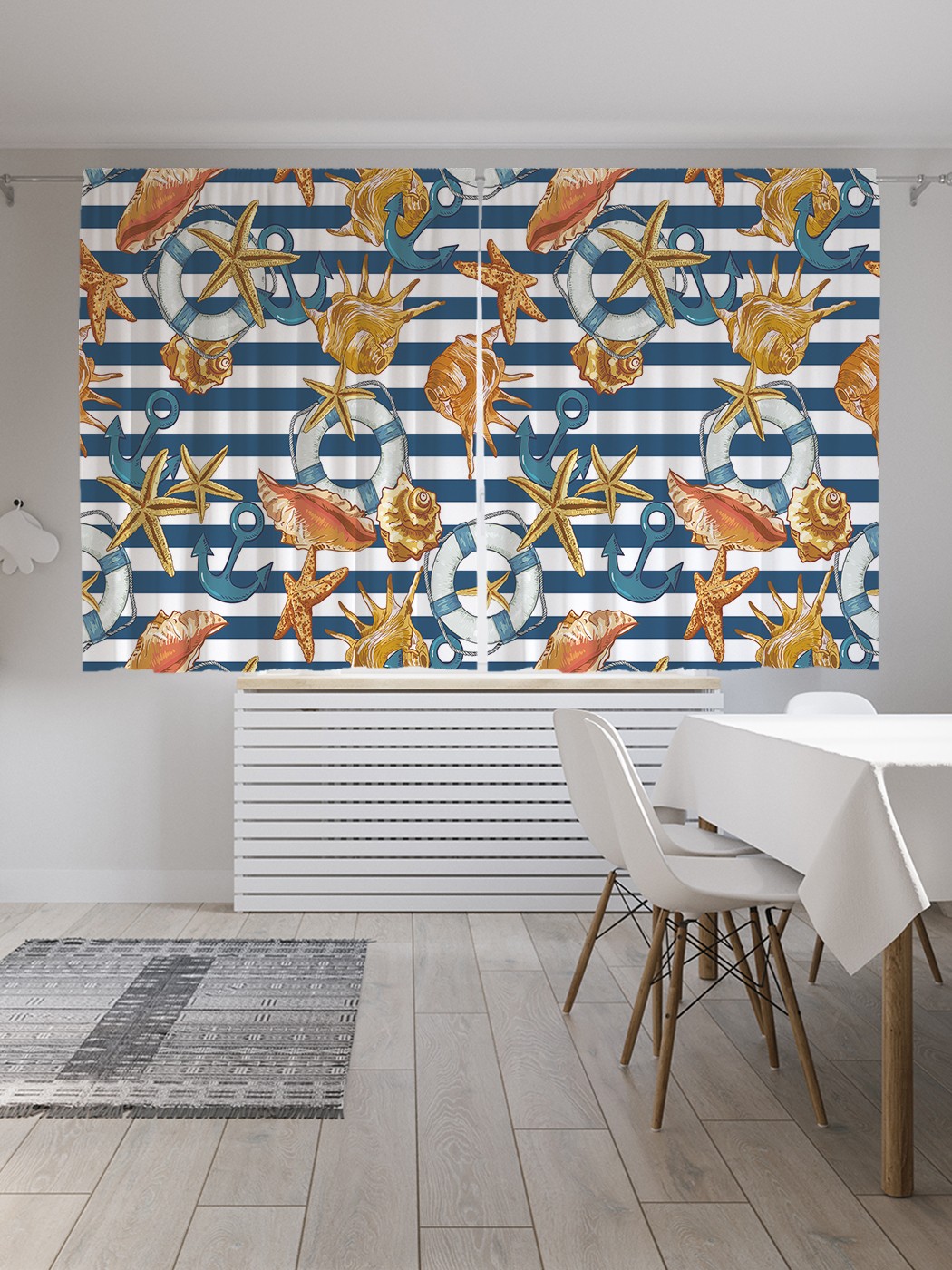 

Классические шторы JoyArty "Ракушки на полосах", серия Oxford DeLux, 2 полотна 145x180 см, Ракушки на полосах