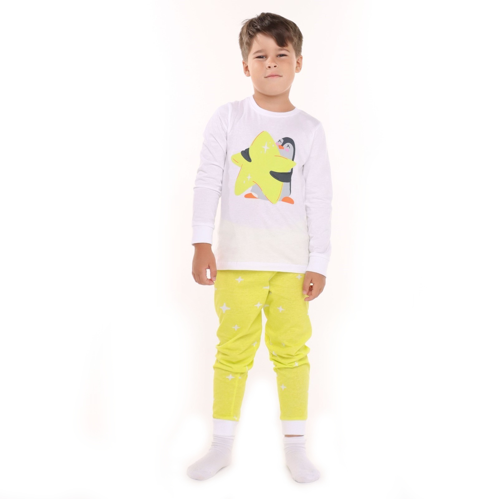 Пижама для мальчика (лонгслив/штанишки), цвет белый/желтый/пингвин, рост 128см