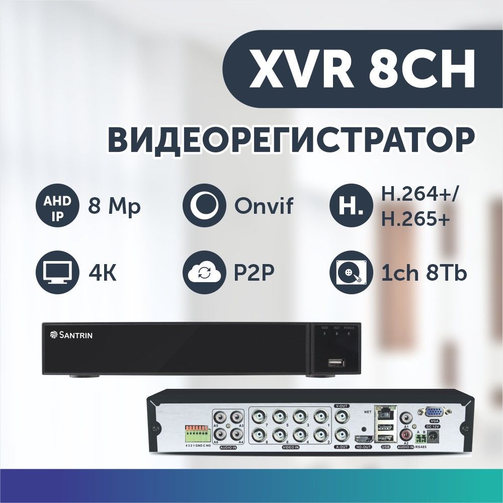 фото Видеорегистратор гибридный 8 каналов ahd tvi cvi cvbs 8 mpix + ip 8 mpix регистратор santrin