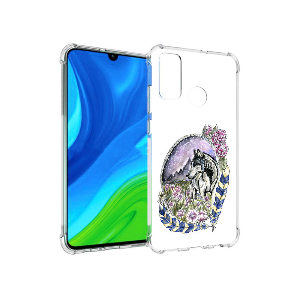 

Чехол MyPads Tocco для Huawei P Smart (2020) нарисованный волк в цветах с перьями, Прозрачный, Tocco