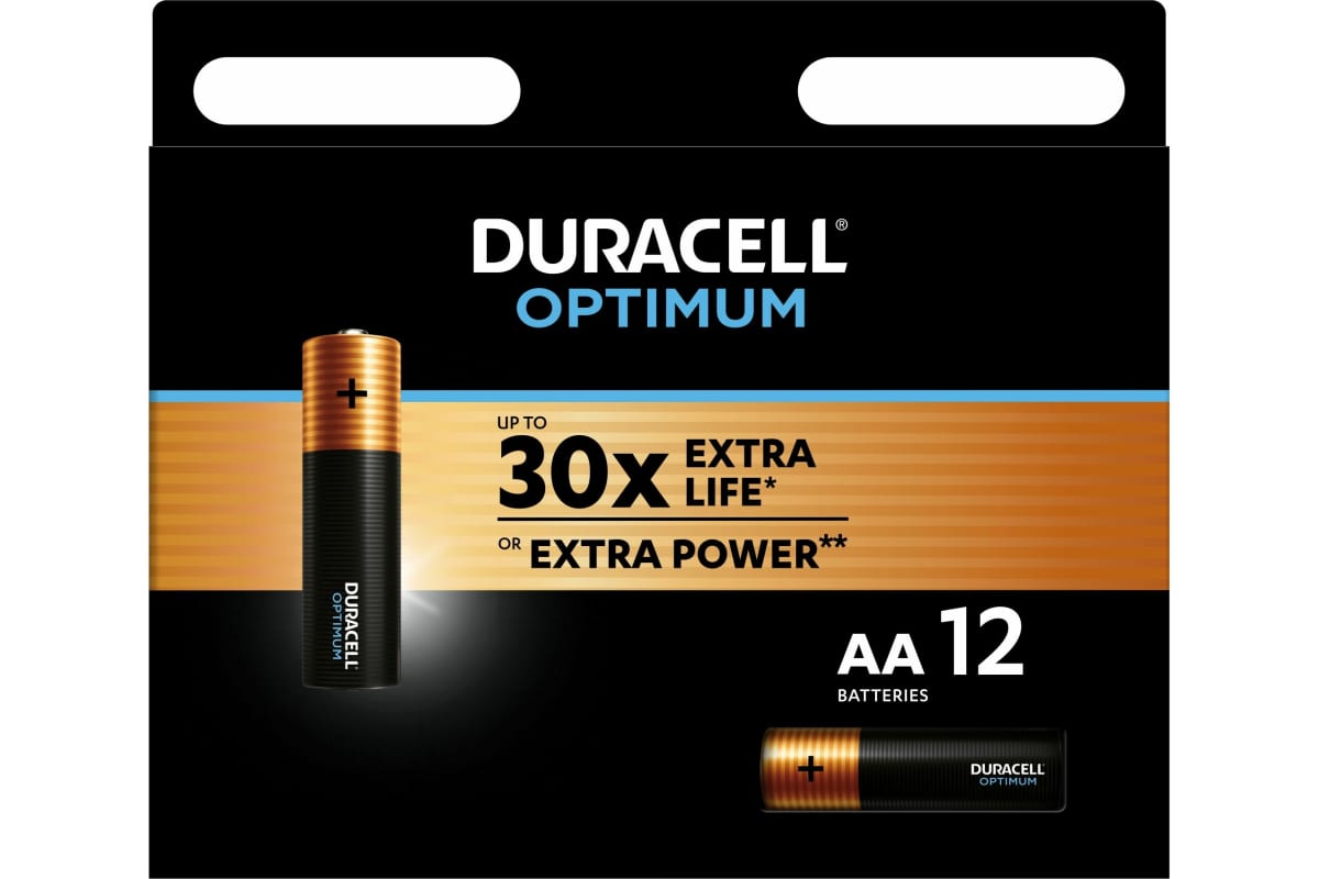 

Батарейки Duracell Optimum щелочные, размера АА, 12 шт., Б0056028