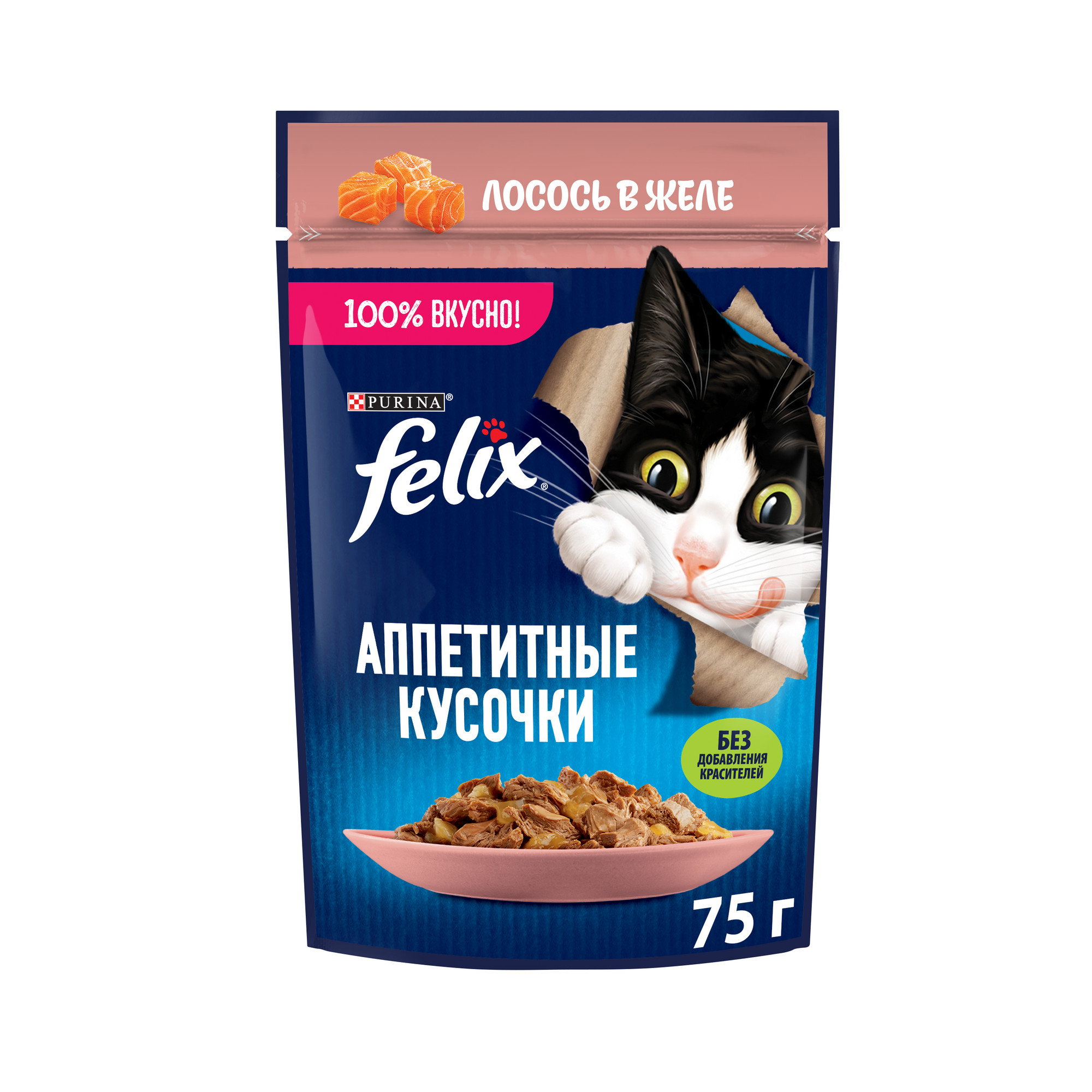 

Влажный корм для кошек Felix Аппетитные кусочки лосось в желе 75гр