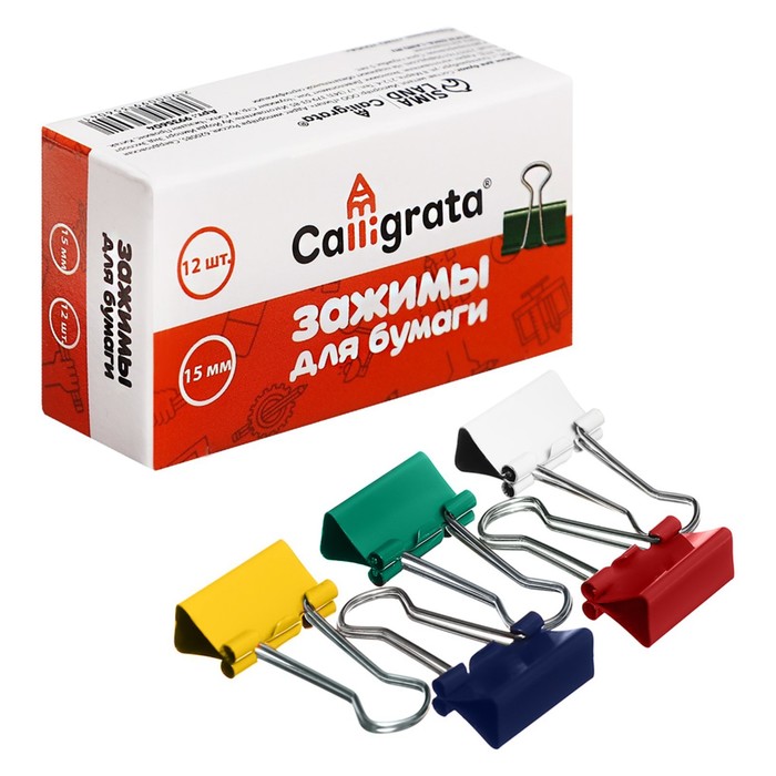 

Зажимы для бумаг Calligrata цветные 15мм, 5 цветов, 12 шт