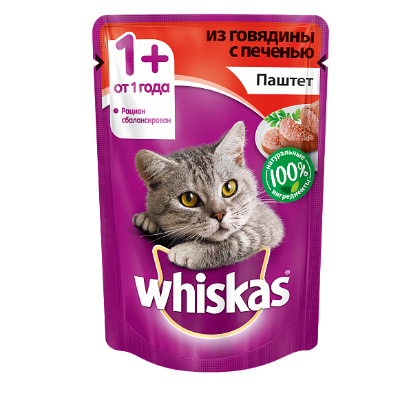 Влажный корм для кошек Whiskas паштет из говядины с печенью, 85г