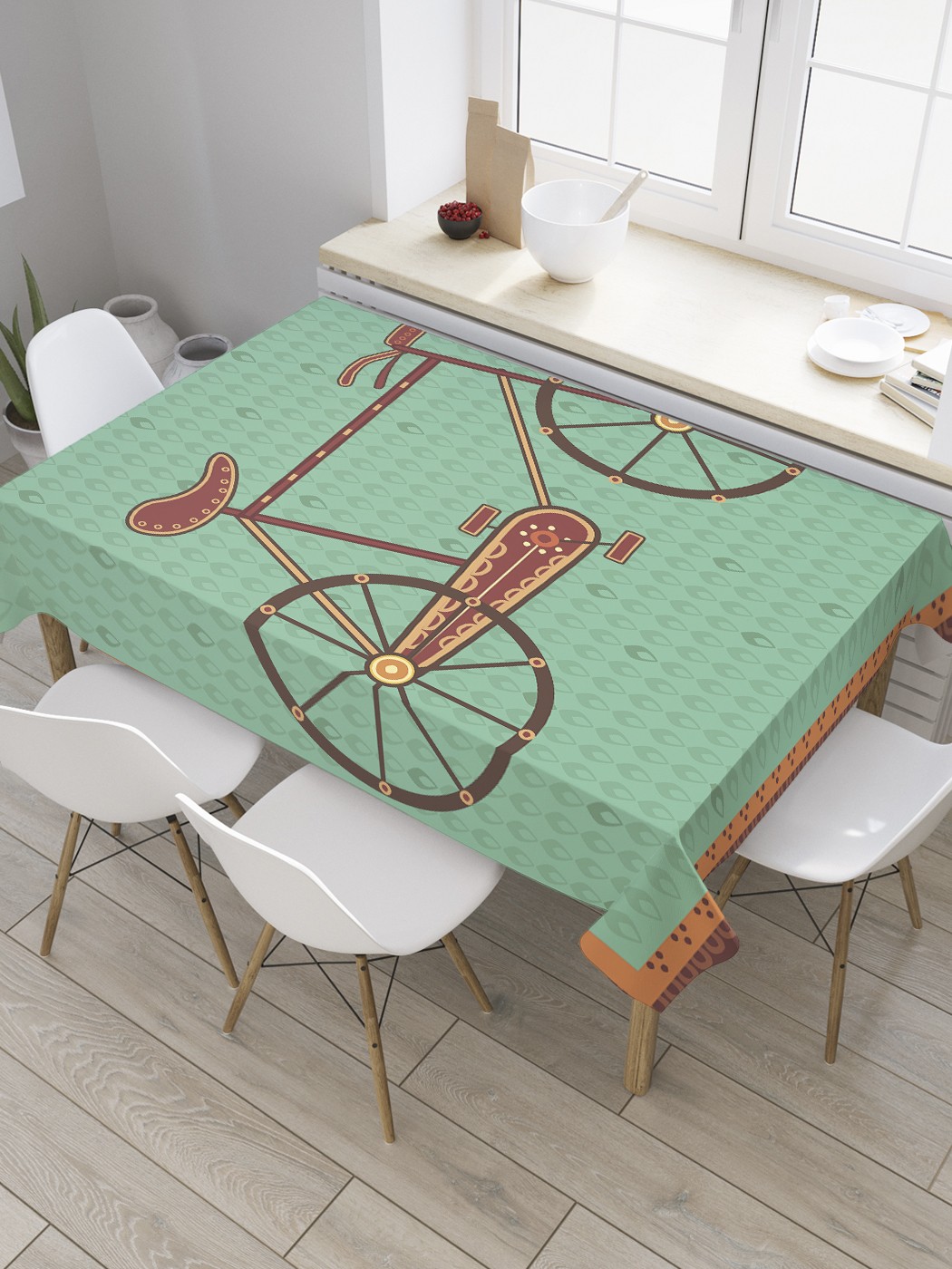 фото Скатерть прямоугольная joyarty "велосипед на ковре" из оксфорда, 120x145 см