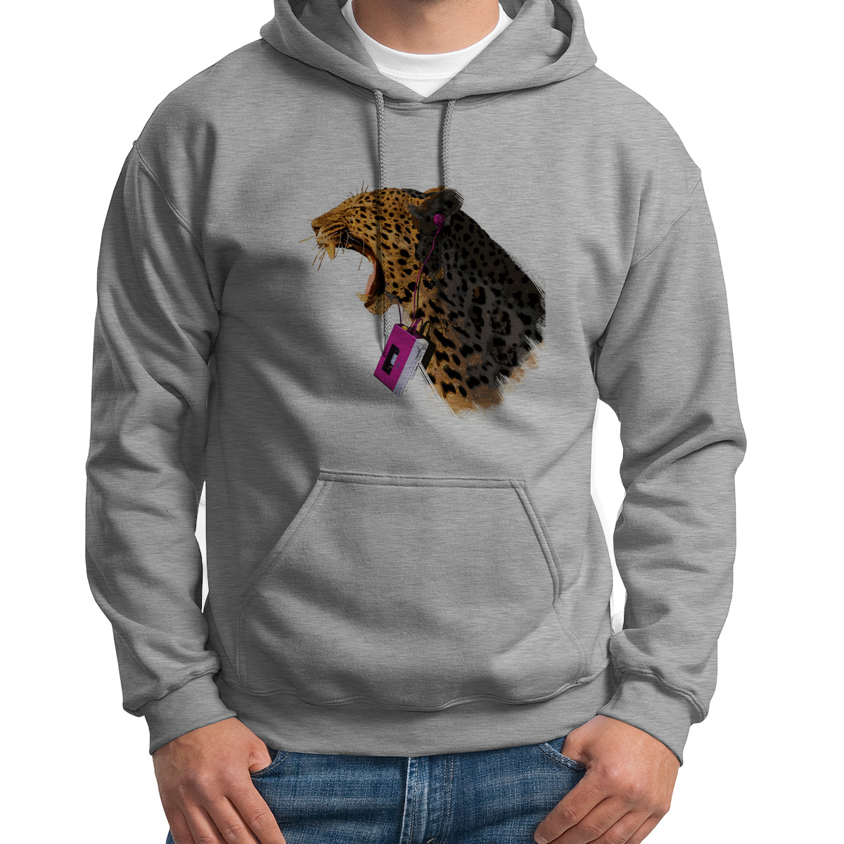 

Худи унисекс CoolPodarok Животные Леопард с розовым плеером серое 42 RU, Серый, 2S015889